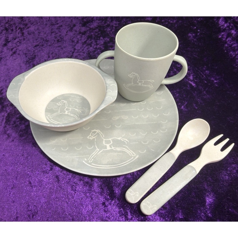 Peacock Alley Bamboo Dinner Set Rocking Horse 4pc Baby Plate Bowl Cup Spoon Fork